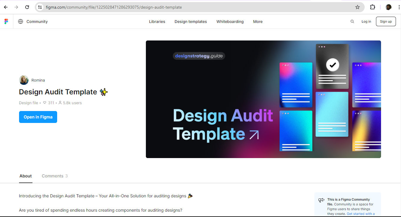 A screenshot of a page where users can access a design audit template.